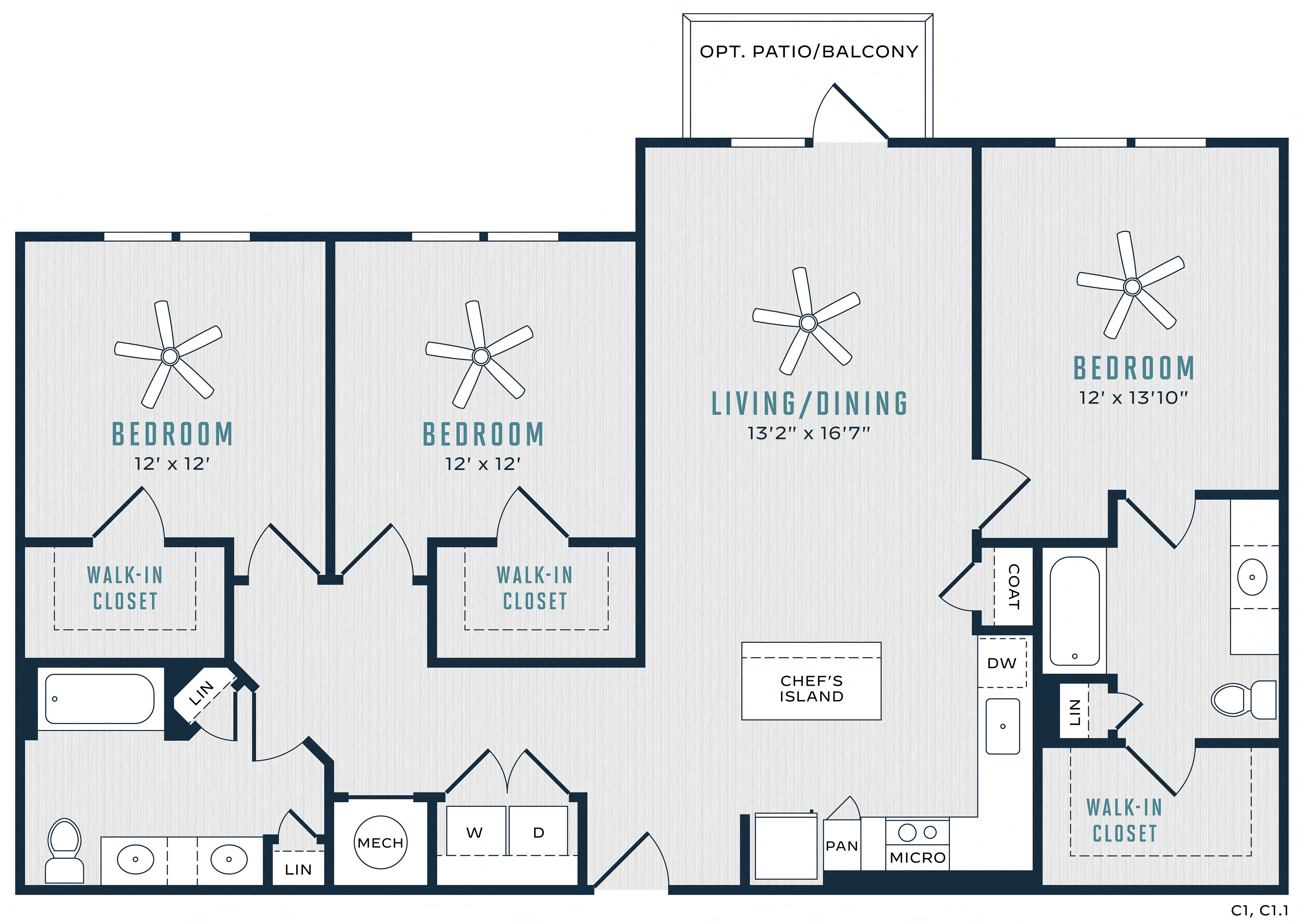 Floor plan for 3 beds, 2 baths, 1443 sqft